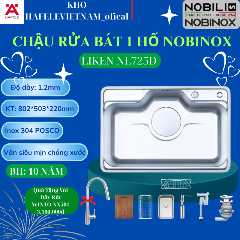 { TẶNG VÒI DÂY RÚT } CHẬU RỬA CHÉN BÁT 1 HỐ NOBINOX LIKEN NL725D Bề mặt Vân mịn chống xước