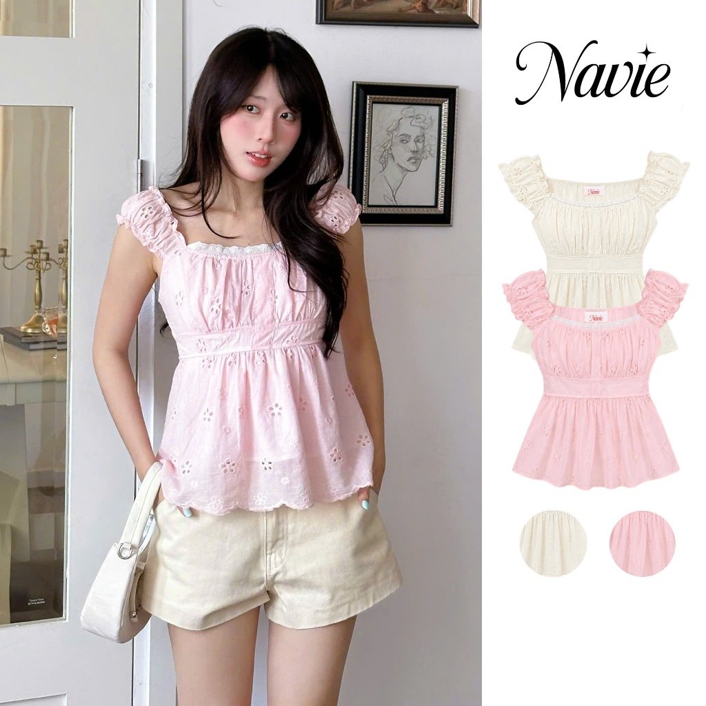 NAVIE - Áo babydoll thêu hoa ANYA phối ren thời trang nữ