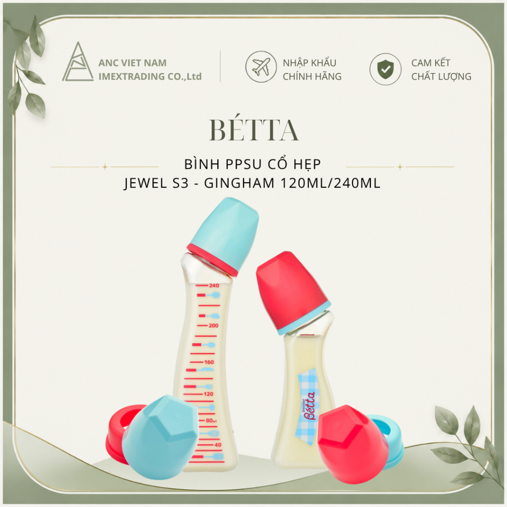 Bình bảo quản sữa Betta cổ hẹp - Jewel S3 - Gingham 120/240ml