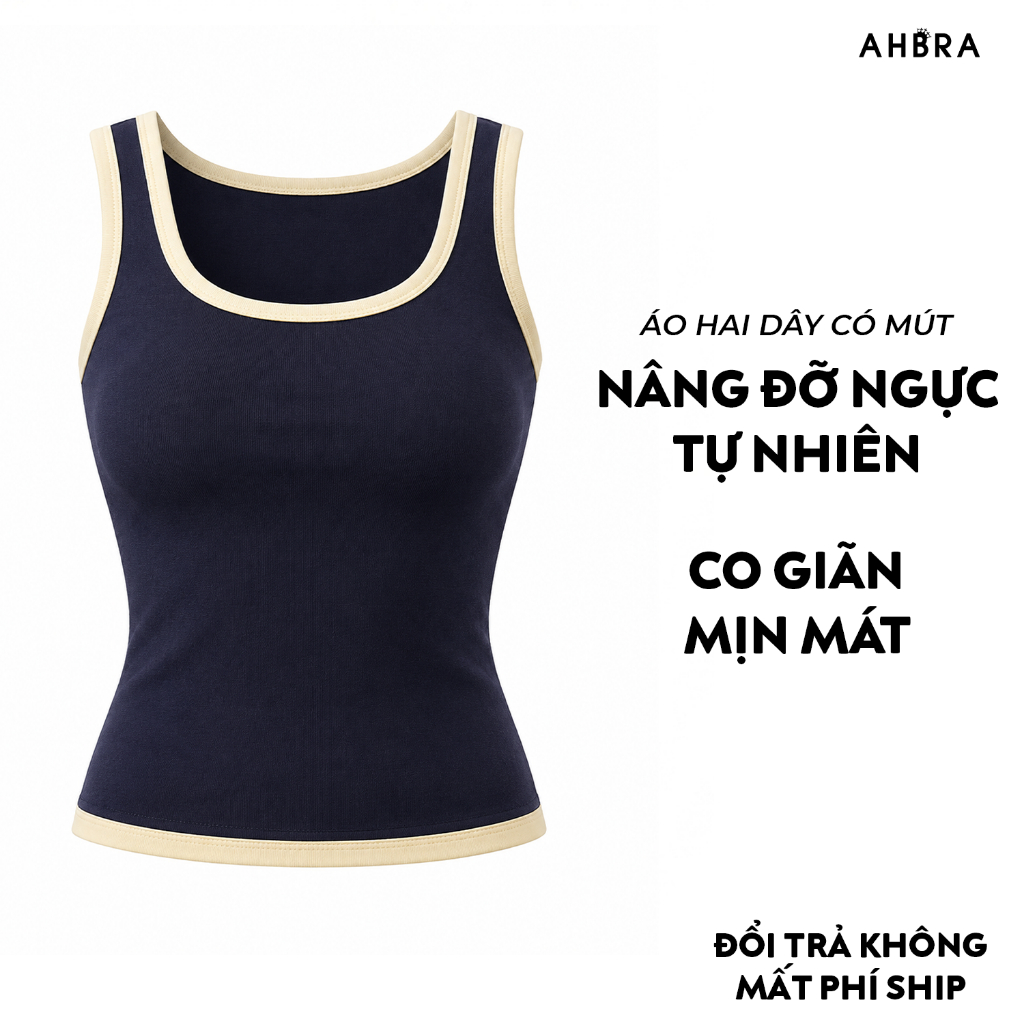 Áo Ba Lỗ Nữ 2 Dây Kèm Mút Ngực Hở Lưng Phối Viền Cổ Vuông Thun Co Giãn Tôn Dáng AHBRA AW18