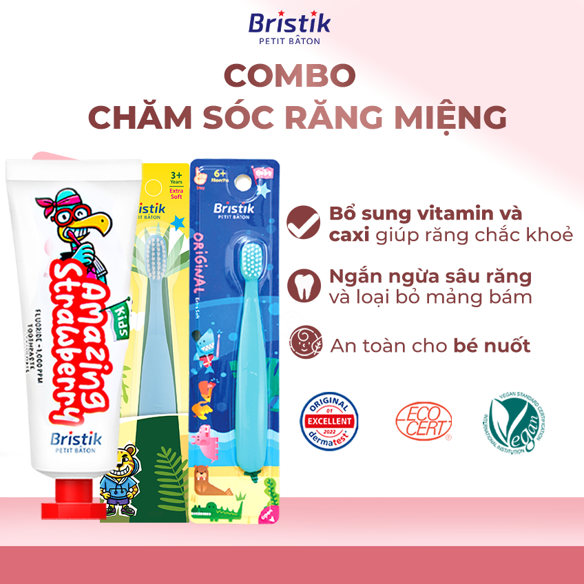 Combo Chăm Sóc Răng Miệng Cho Bé Bàn Chải Kháng Khuẩn & Kem Đánh Răng ngừa sâu răng Bristik Hàn Quốc