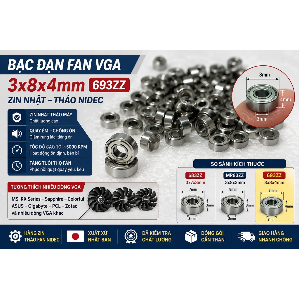 Bạc Đạn Vòng Bi Fan VGA 3x8x4mm MR693zz 693zz NIDEC Zin Nhật Tháo Máy, Chuyên Thay Quạt Card Màn Hìn