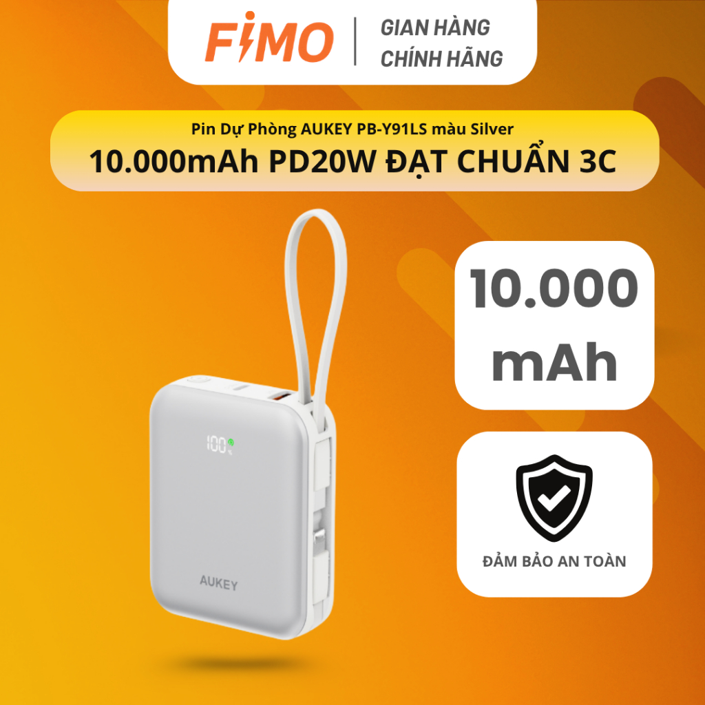 [Hỏa tốc HCM] Pin Sạc Dự Phòng Aukey PB-Y91L 10000mAh 20W Tích Hợp Cáp Type-C & L | FIMO STORE