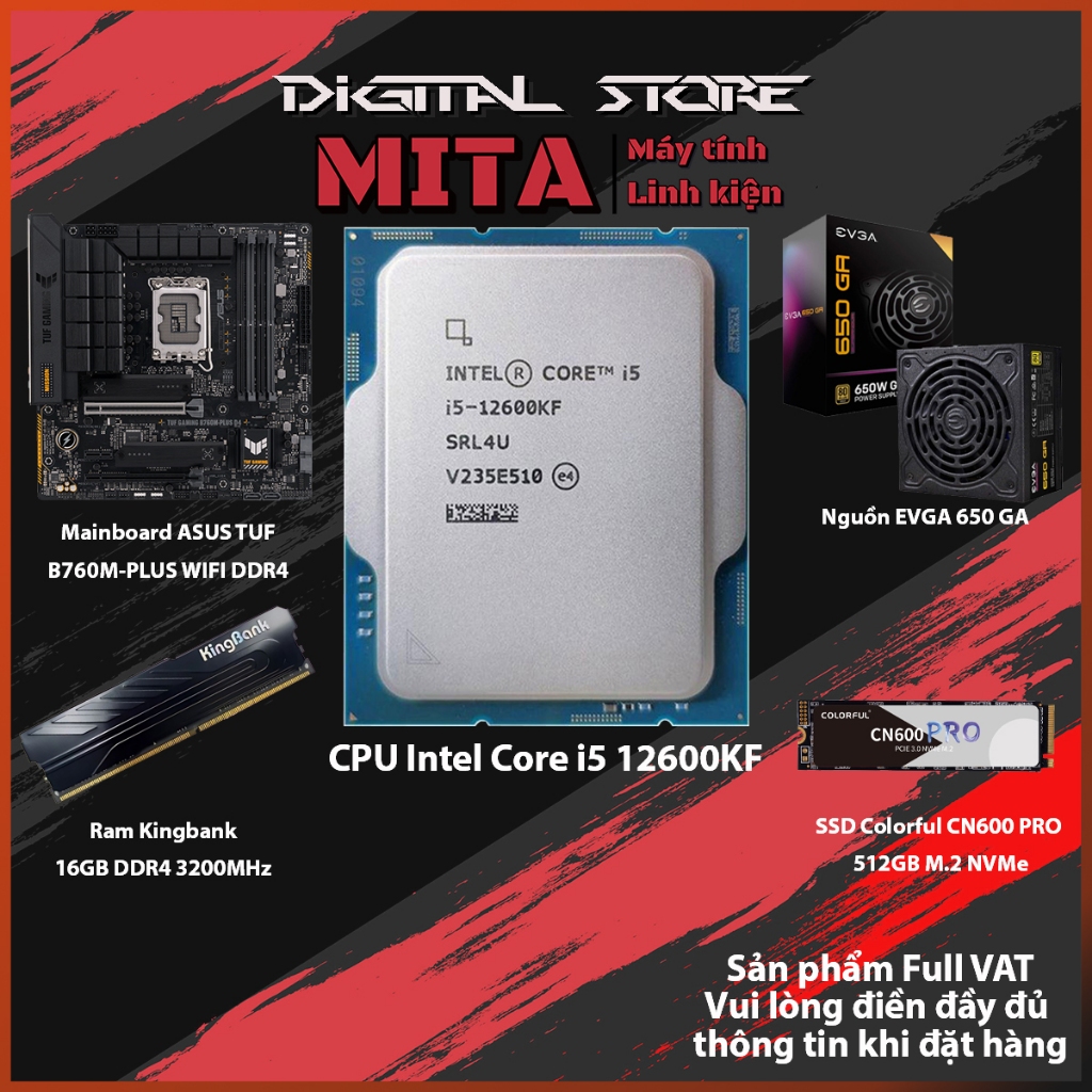 PC Intel Core i5 12600KF + B760M + 16GB 3200Mhz Bộ PC lắp ráp MITA PRICE EX CPU i5 12600KF New Tray 
