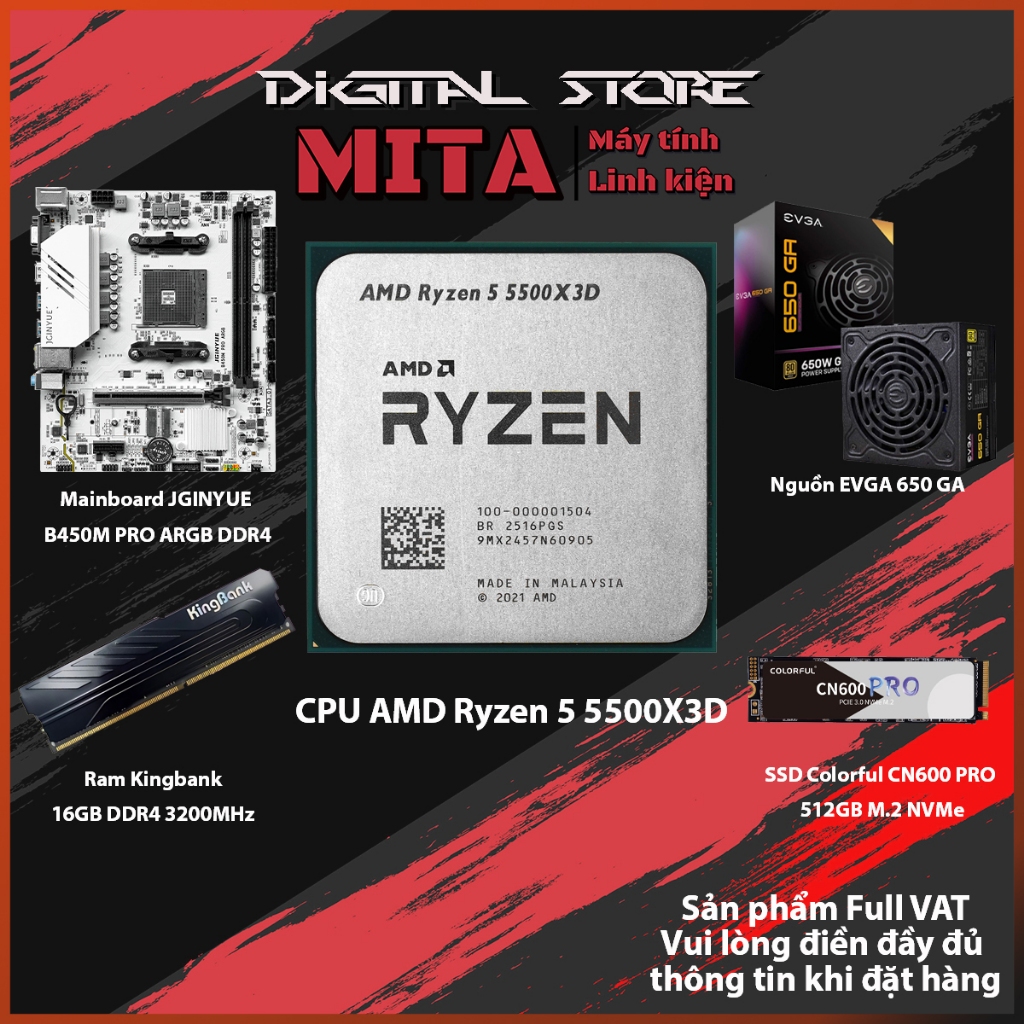 PC AMD Ryzen 5 5500X3D + B450M + 16GB 3200Mhz Bộ PC lắp ráp MITA EXTEND CPU Ryzen 5 5500X3D New Tray