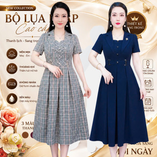 Váy trung niên cho mẹ mặc dự tiệc, đầm trung niên cho mẹ Lụa Pháp cổ Vest có đai eo cao cấp (VD)