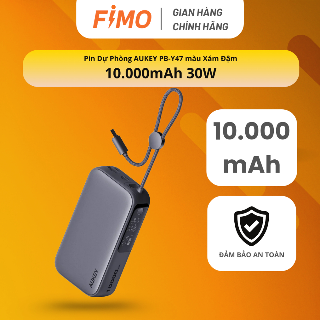 [Hỏa tốc HCM] Pin Sạc Dự Phòng Aukey PB-Y47 10.000mAh 30W Tích Hợp Cáp Type-C | FIMO STORE