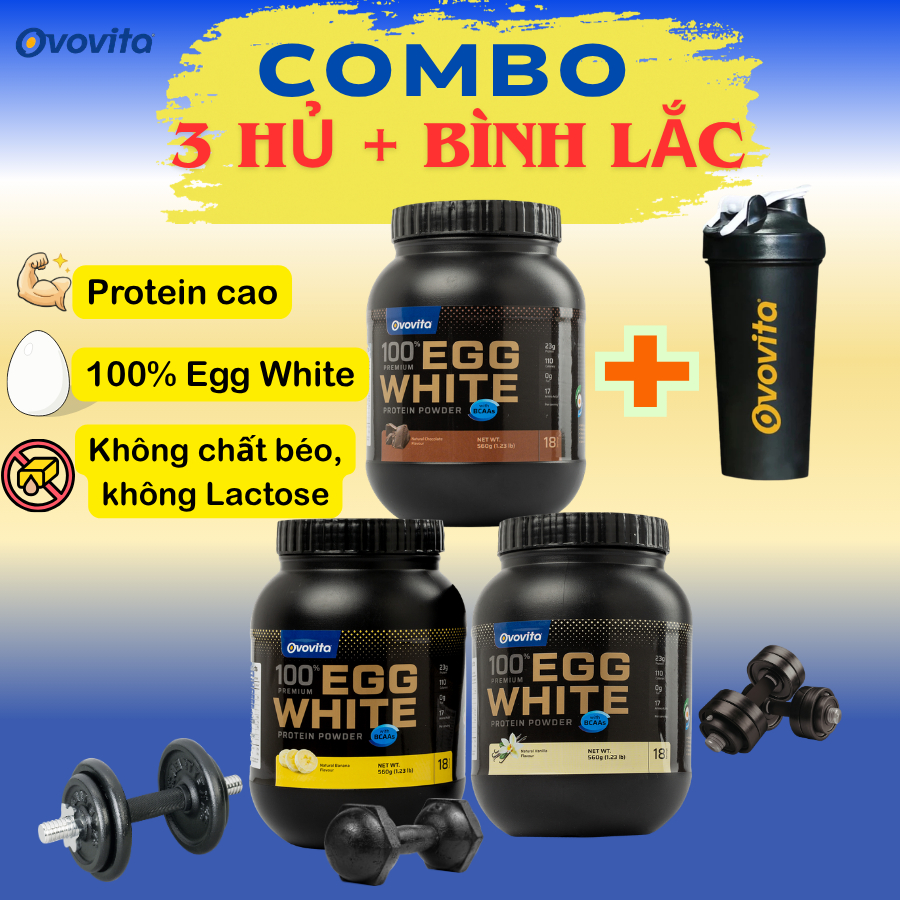 Combo 3 Hũ Protein Lòng Trắng Trứng Ovovita 560g + Bình Lắc Shaker / Bột Egg White Chính Hãng