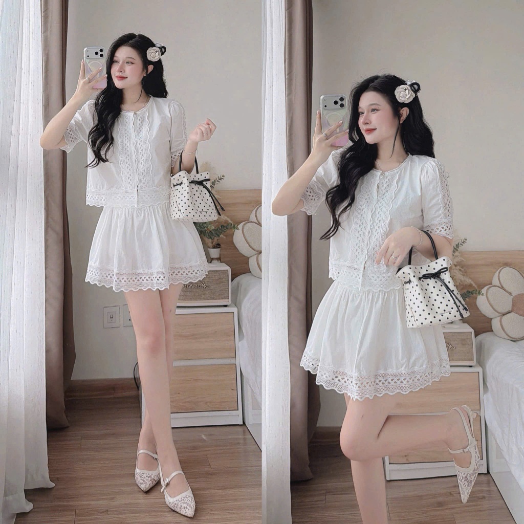 Set váy ngăn - Set váy nàng thơ xinh iu cho nàng hẹn hò, trà chiều, set cotton lạnh cổ tròn tay ngắn