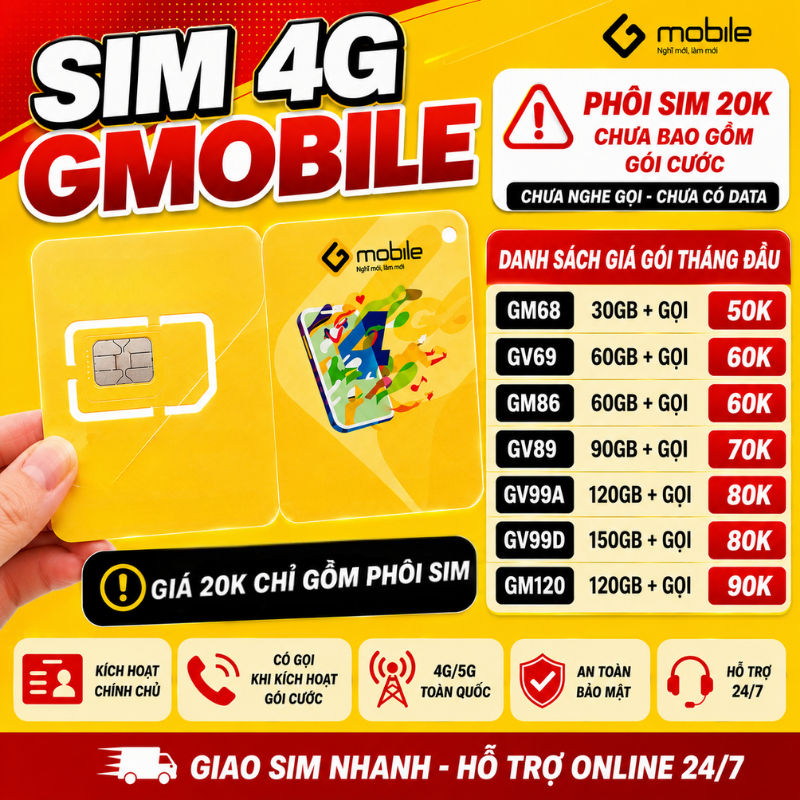 Sim data Gmobile giá rẻ đầu số 0996, sim trắng chỉ 20K, tùy chọn gói cước data giá rẻ