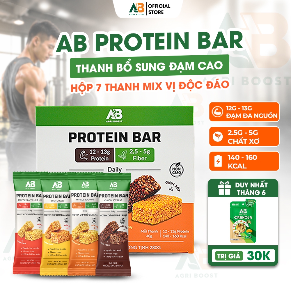 Hộp 7 Thanh AB Protein Bar 40g AB NUTRITION Mix 4 Vị Cung Cấp 160 Kcal, 12,5g Protein Ít Ngọt, Giòn 