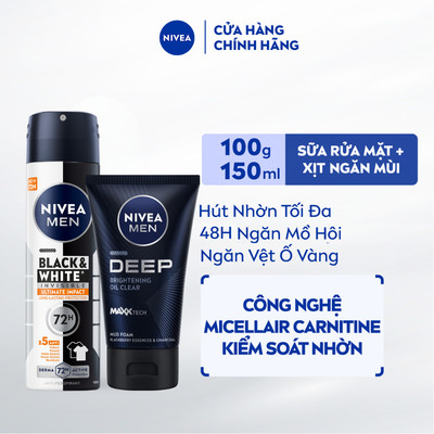 Bộ Đôi Xịt Ngăn Mùi NIVEA MEN Black&White Ngăn Vệt Ố Vàng (150 ml) + Sữa Rửa Mặt Deep Than Đen (100 g) - 85388+84415