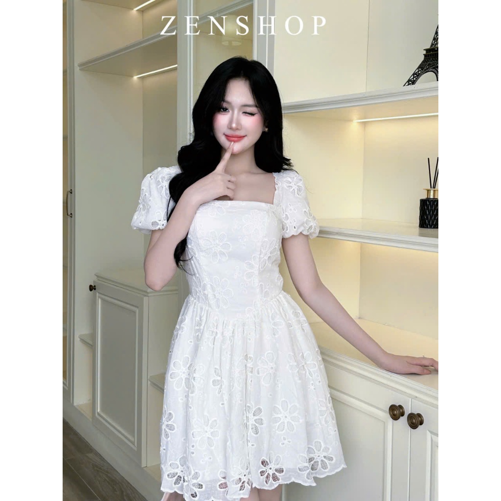 Đầm dạo phố chất ren cổ vuông tay bồng dáng xòe ngắn dễ thương - JIMMY dress