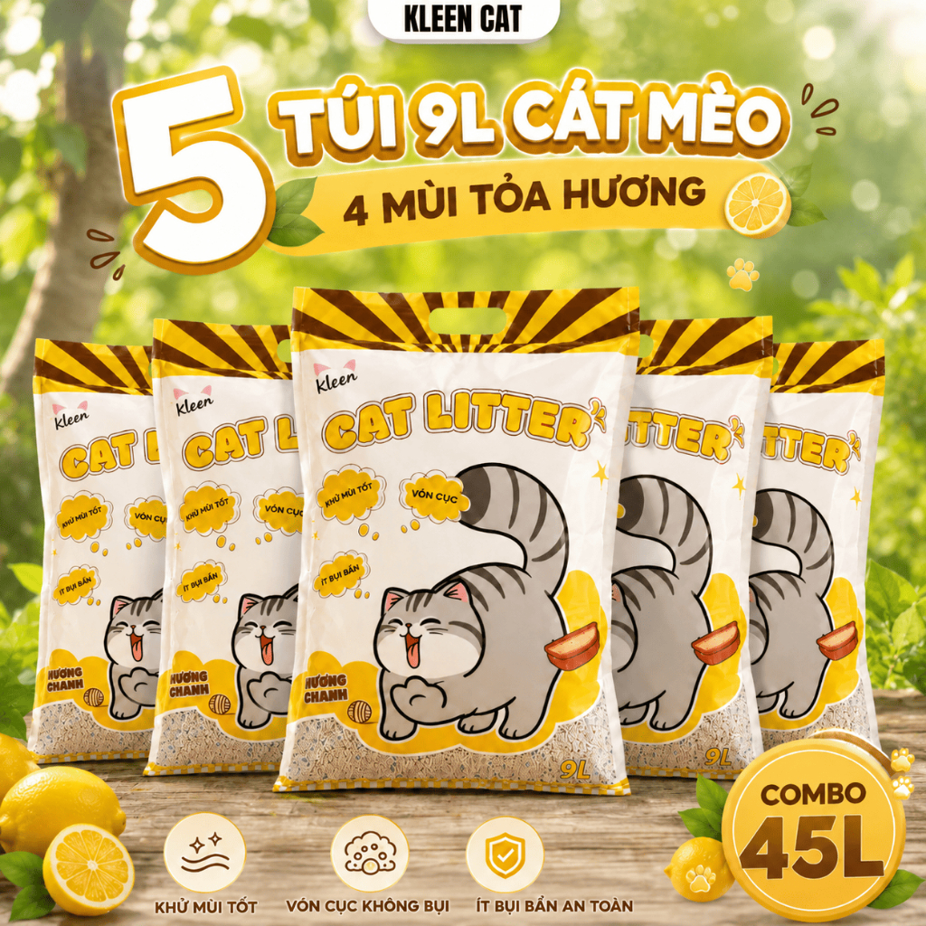 Combo 5 Túi Cát Vệ Sinh Cho Mèo Kleen Cat 3.8KG - 9L, Cát Mèo Premium Cat Litter Vón Cục Tốt - KLEEN
