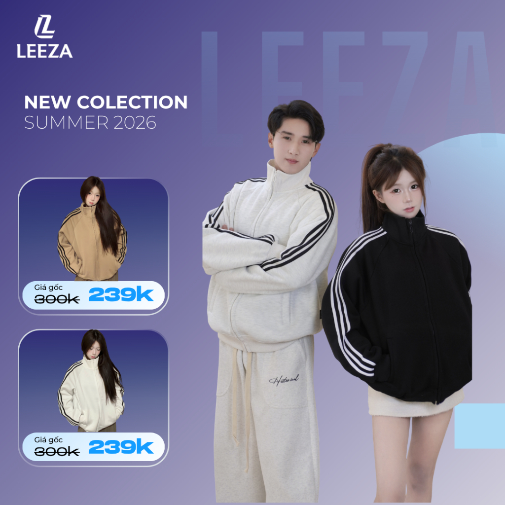 LEEZA - Áo Khoác Nỉ Khoá Kéo Cao Cổ Form Rộng Phong Cách Unisex Nam Nữ 17.01 Chất Liệu Nỉ Bông 350GM