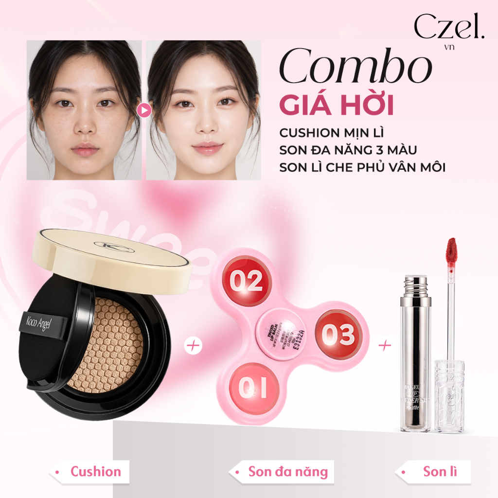 Combo 3 Món Makeup Lâu Trôi CZEL Cushion + Son Kem Lì +Son Bóng 3in1 Lên Màu Tự Nhiên Lâu Trôi