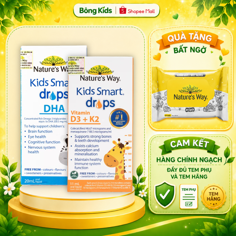 Combo Siro DHA Drops và D3k2 Drop Nature's Way Bổ Sung Vitamin Phát Triển Não Bộ Cho Bé