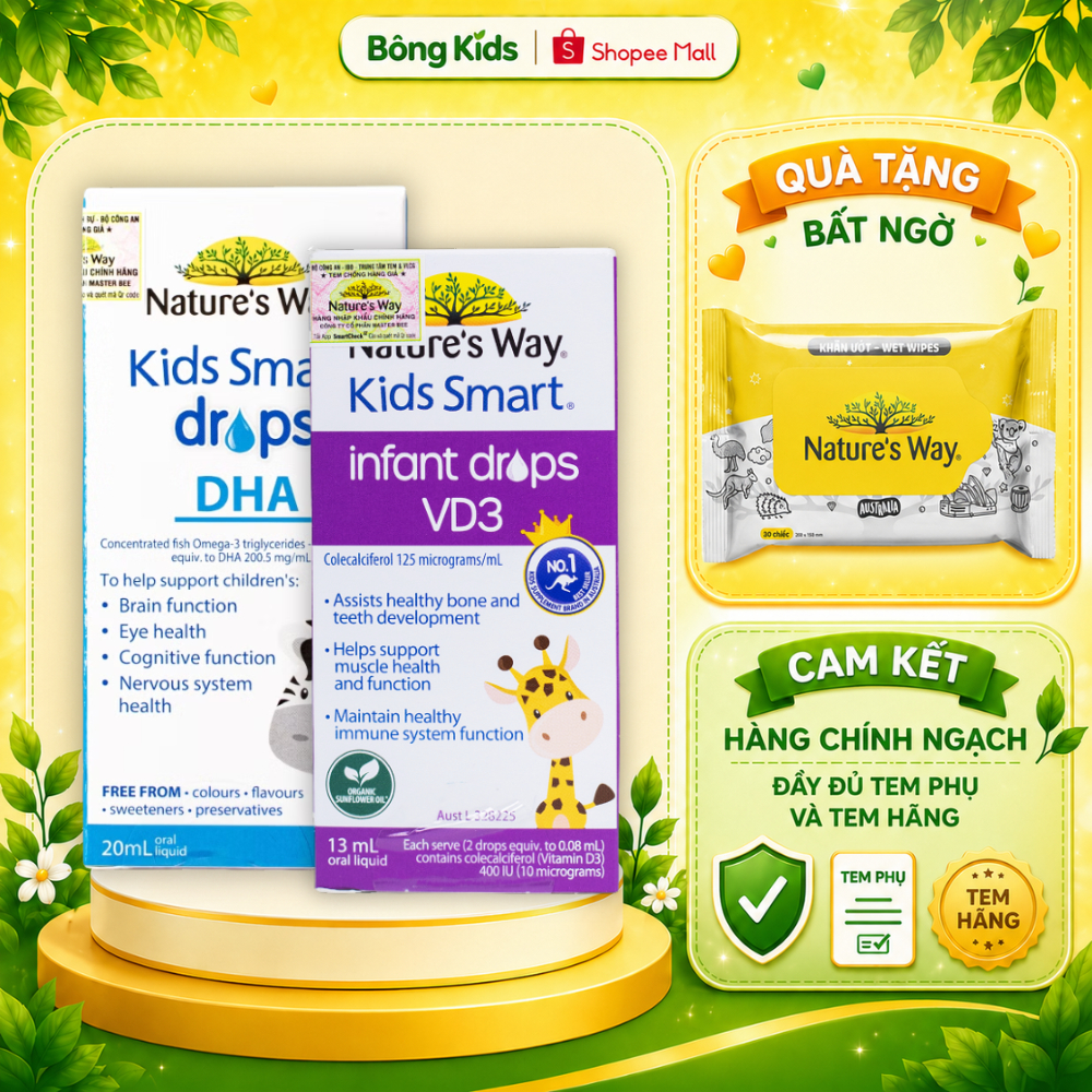 Combo 2 Siro Uống Nature's Way Kids Smart Drops DHA và Infant Drops VD3 Bổ Sung Vitamin D Cho Bé Hộp