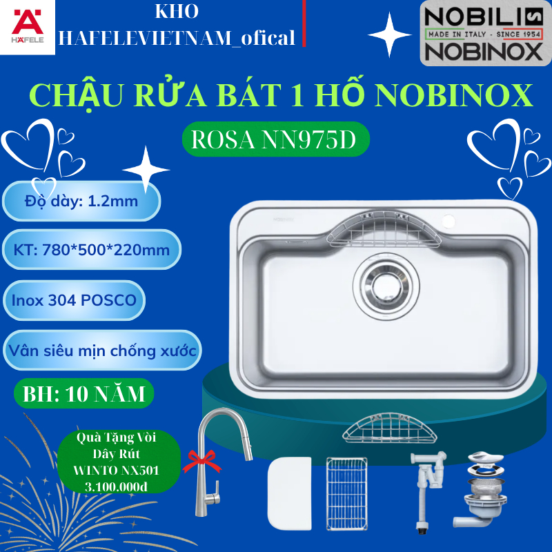 {TẶNG VÒI DÂY RÚT } CHẬU RỬA CHÉN BÁT 1 HỐ Nobinox ROSA NN975D BỀ MẶT CHỐNG XƯỚC