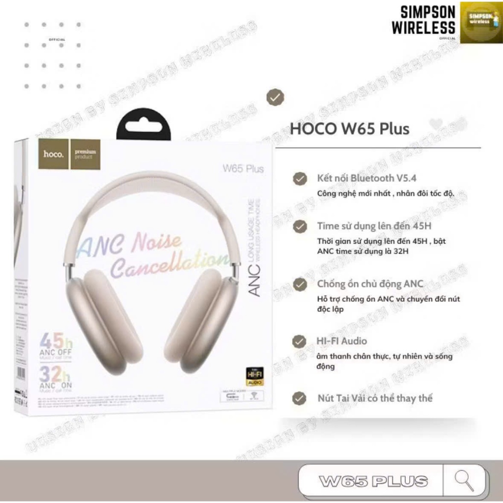 Tai nghe chụp tai Hoco W65 Base chính hãng kiểu dáng gọn nhẹ,kết nối Bluetooth v5.4 siêu nhạy, bass hay, chính hãng Hoco | BigBuy360 - bigbuy360.vn