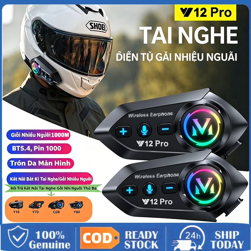 [COD] Y12Pro FM Mũ Bảo Hiểm Xe Máy Intercom, Bl5.4 IP56 500M Tai Nghe Loa Liên Lạc Dành Đèn RGB Cho 