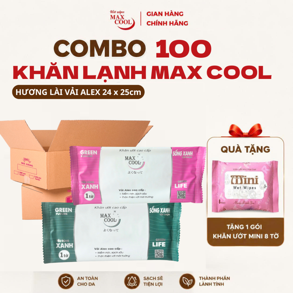 100 cái khăn lạnh Max Cool vải alex có hương 24x25cm - Màu xanh, hồng ngẫu nhiên dùng cho nhà hàng, 