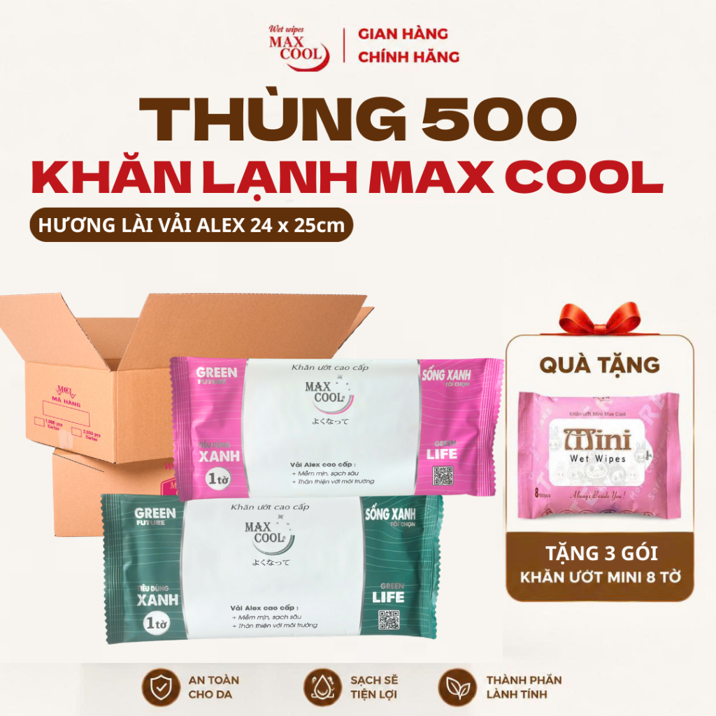 Thùng 500 khăn lạnh Max Cool vải alex cao cấp hương hoa lài 24x25cm -  Dùng cho nhà hàng, quán ăn, d