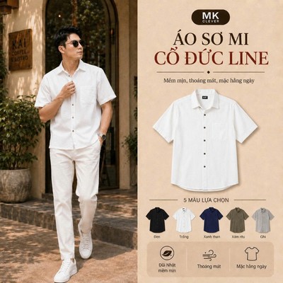 Áo Sơ Mi Nam Chất Đũi Cổ Đức Line MK CLEVER mềm mịn thoáng mát, thoải mái, chống nhăn tốt, form rộng hằng ngày