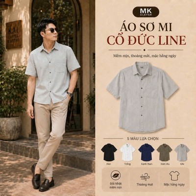 Áo Sơ Mi Chất Đũi Cổ Đức Line MK CLEVER mềm mịn thoáng mát, thoải mái, chống nhăn tốt, form rộng hằng ngày