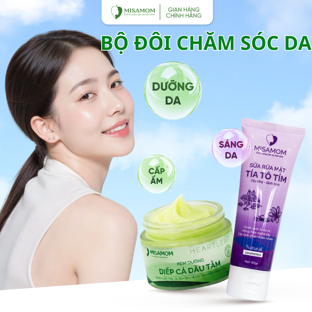 Bộ đôi chăm sóc da Misamom - Kem dưỡng da mặt - Sữa rửa mặt - Kem dưỡng ẩm da mặt - Diếp cá