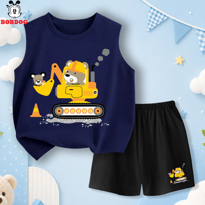 Đồ bộ bé trai BOBDOG, áo ba lỗ quần short chất liệu thun cotton thoáng khí in hình máy xúc cute cho bé BD-BDO82