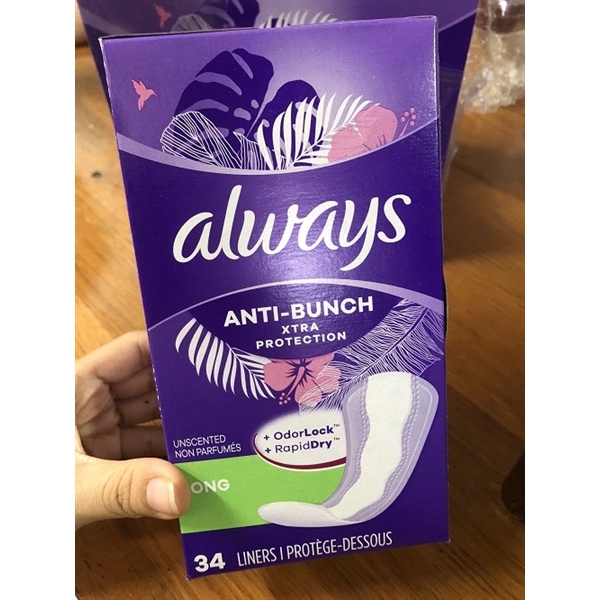 Băng vệ sinh hàng ngày Always Anti-Bunch Xtra Protection Daily Long Liners - Không mùi 34 liners (Mỹ