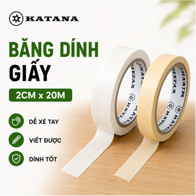 Băng Dính Giấy KATANA 2cm x 20m | Trắng Kem - Vàng Kem | Viết Đánh Dấu, Che Sơn, Trang Trí BK05