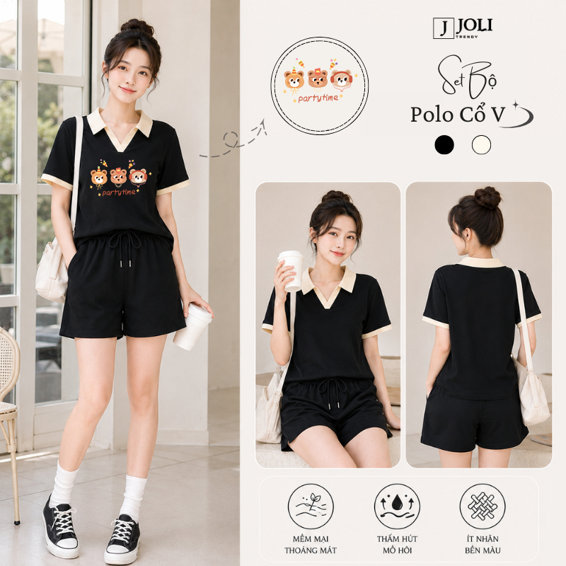 Set Bộ Polo Cổ V, Set Đồ Dáng Unisex By JOLI Mã BST03 Party Time Chất Cotton Mềm Mát Form Rộng Cho N