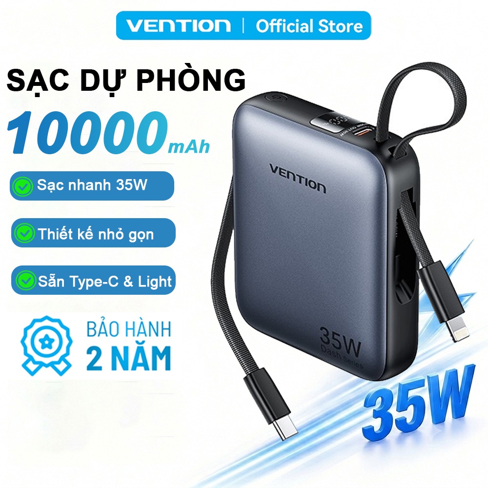 Sạc Dự Phòng 10000mAh 35W Vention Tích Hợp Cáp USB-C Và Light,Hỗ Trợ PD, Thiết Kế Nhỏ Gọn, Sạc Nhanh An Toàn Ổn Định