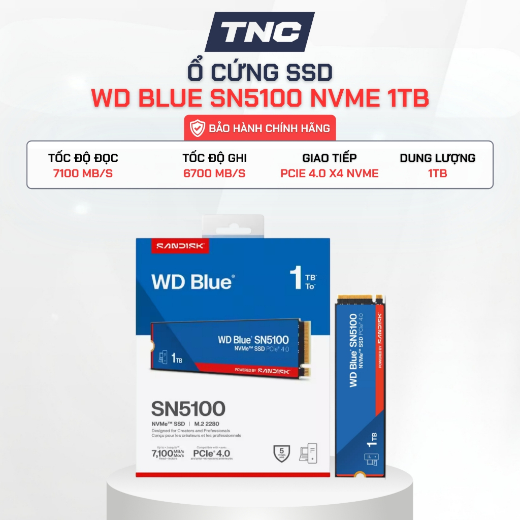 Ổ Cứng SSD WD Blue SN5100 NVMe 1TB PCIe Gen 4x4 (Đọc 7100MB/s, Ghi 6700MB/s) - Bảo Hành 60 Thàng