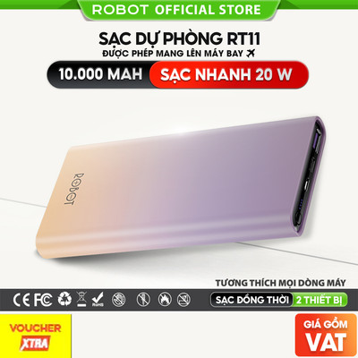 Pin sạc dự phòng RT11 10000 mAh sạc nhanh 20W  chính hãng ROBOT bảo hành 12 tháng