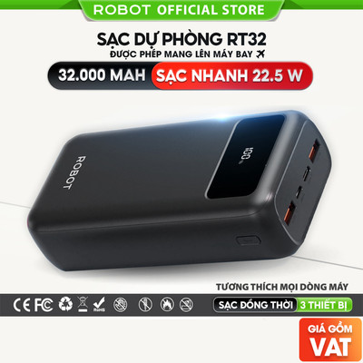 Pin sạc dự phòng RT32 30000 mAh công suất 22.5W ROBOT chính hãng bảo hành 12 tháng