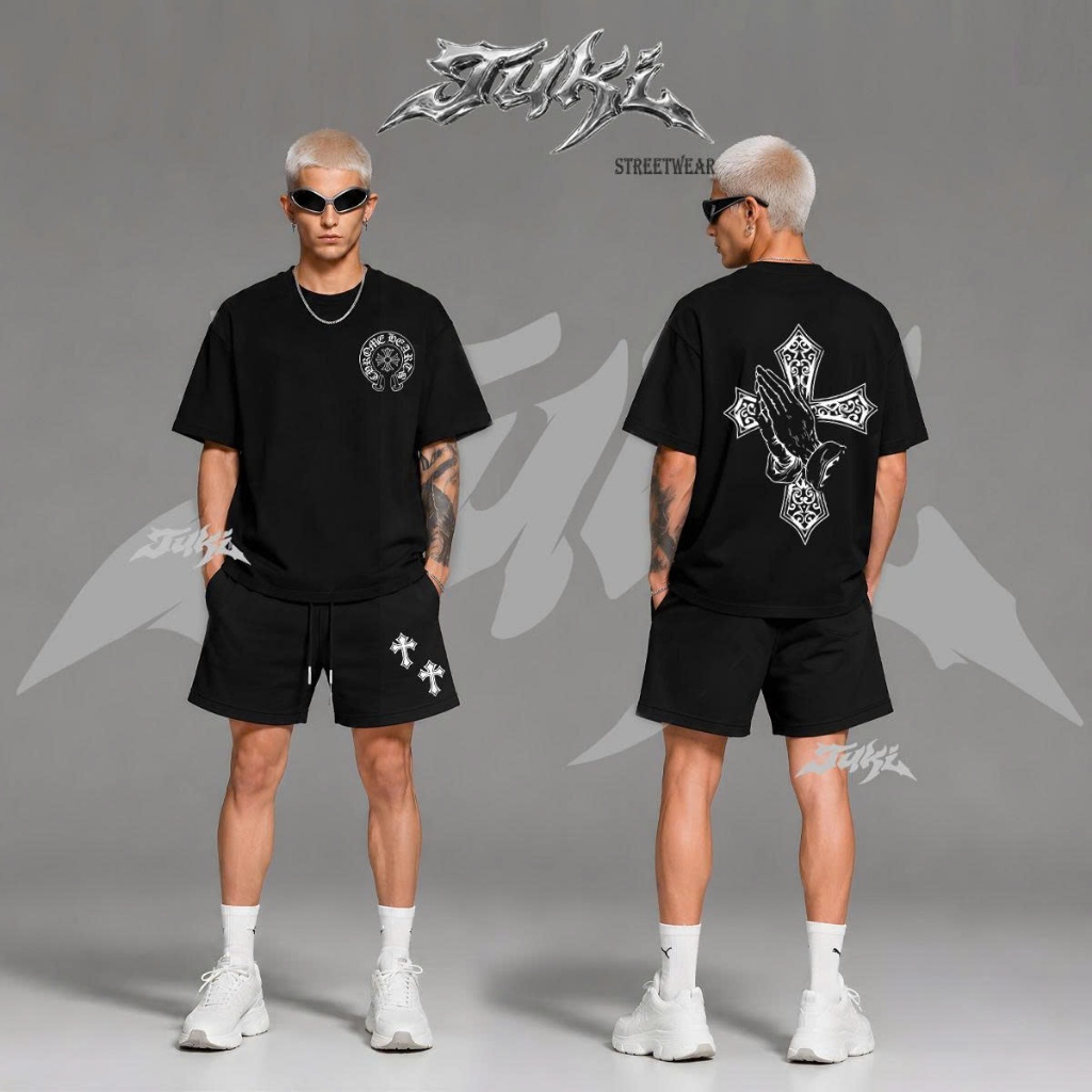 Set Áo Quần TUKI Unisex Chrome Cross Prayer Streetwear Oversize