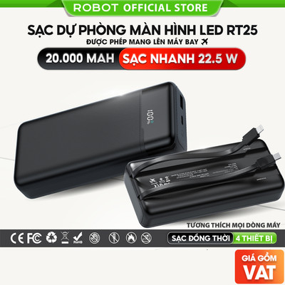 Pin sạc dự phòng RT25 20000mAh sạc nhanh 22.5W ROBOT tich hợp cap sạc