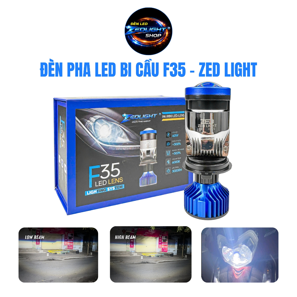 Đèn Pha LED Bi Cầu F35 ZED LIGHT - 60W 12 24V DC H4 Bản Cao Cấp - BH 24 Tháng Xe Máy, Oto, Xe Tải