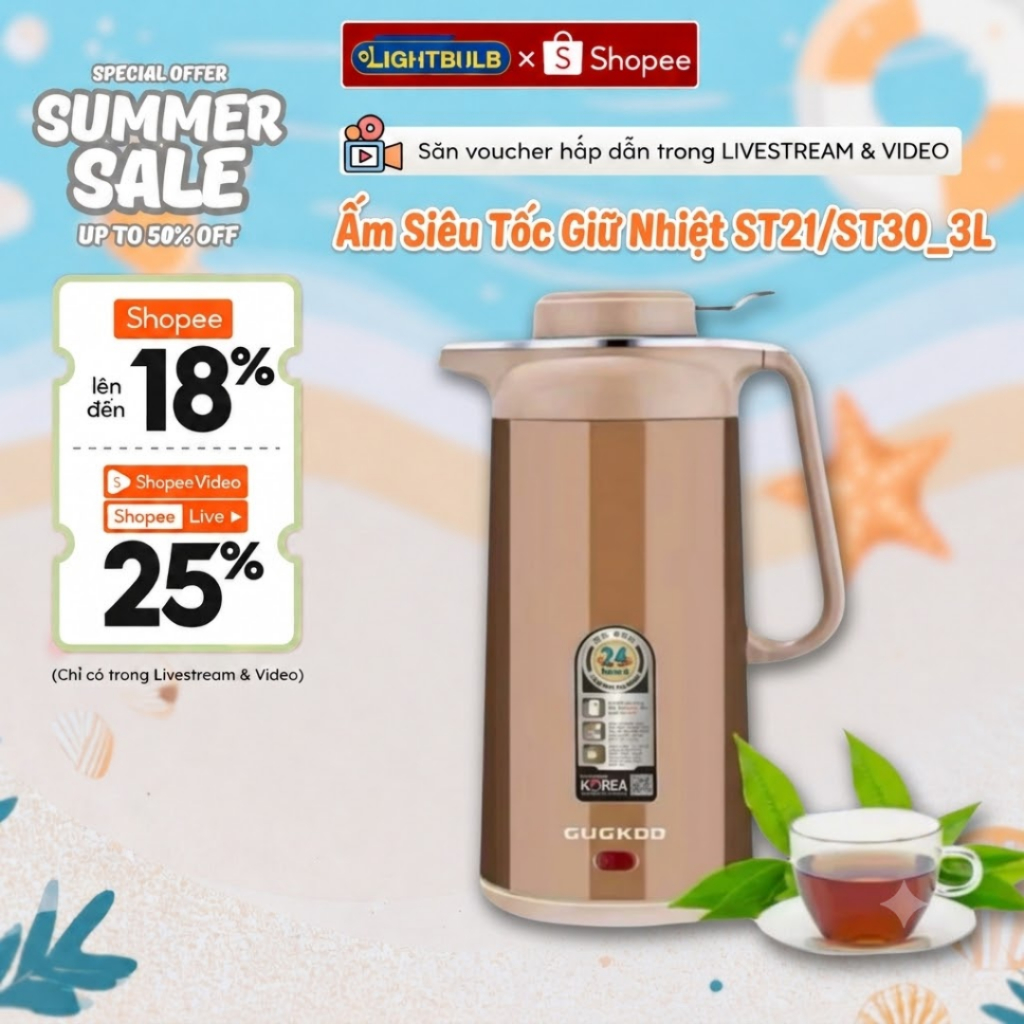Ấm Siêu Tốc Đun Nước Giữ Nhiệt Dung Tích 3L Công Suất 1500W Tự Ngắt Khi Sôi 3 Lớp Cách Nhiệt Cách Đi