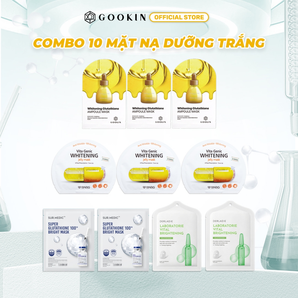 Combo 10 Mix Mặt nạ dưỡng trắng SUR.MEDIC Trắng x2+ Derladie Xanh Lá x2+ Gookin Vàng x3+ BNBG Vàng x