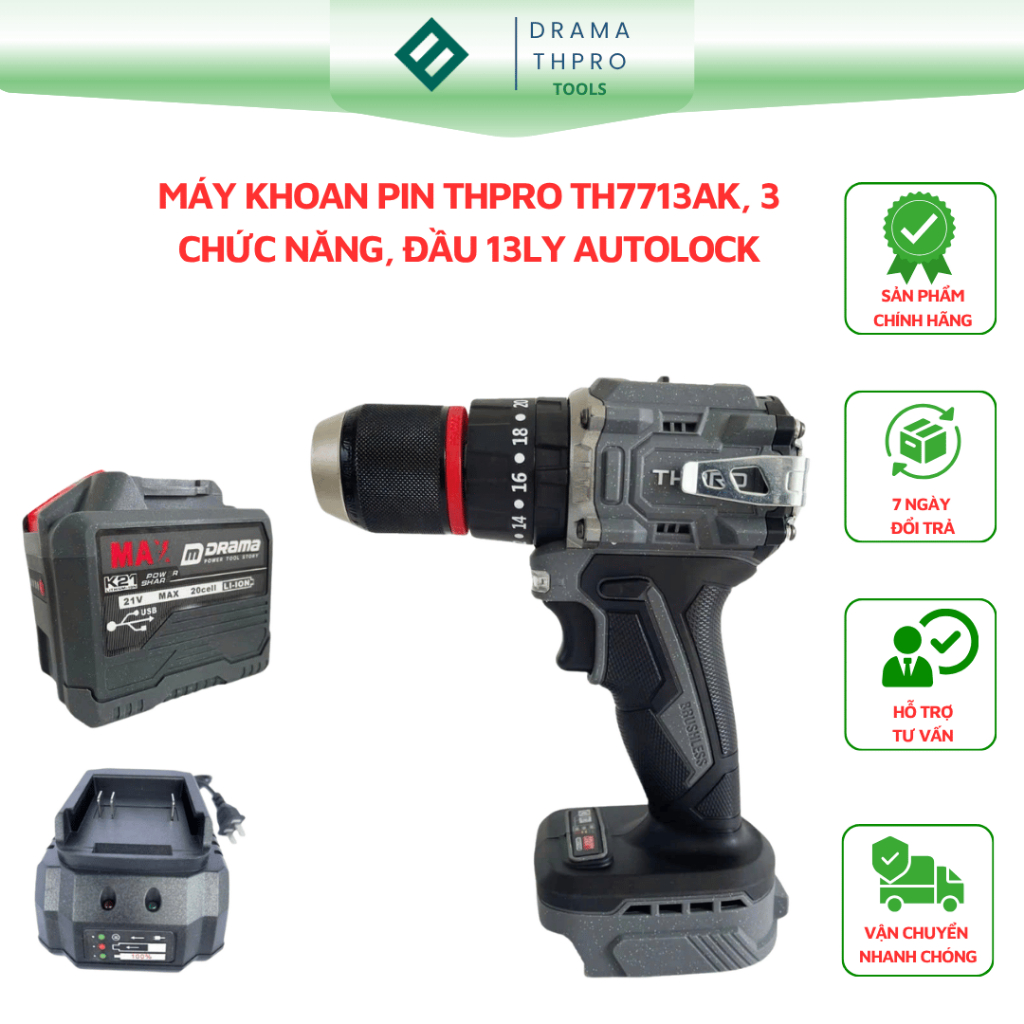 Máy Khoan Pin THPRO TH7713AK,1 pin DRAMA 20cell ,3 Chức Năng, Đầu 13ly,Động Cơ Không Chổi Than