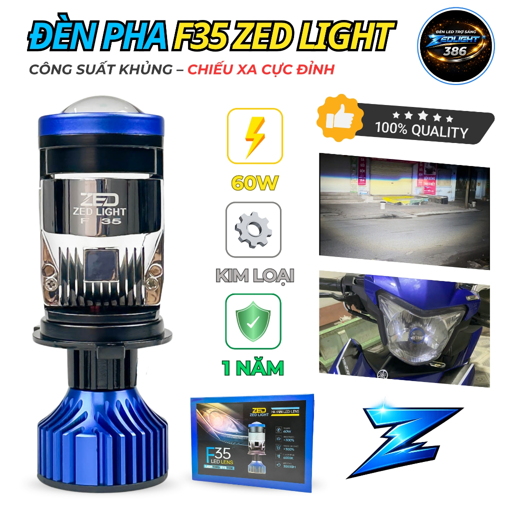 Đèn Pha Bi Cầu F35 ZED LIGHT - 60W Chân H4 Bản Cao Cấp, Chiếu Xa Tới 250m Chống Chói - BH 12 Tháng