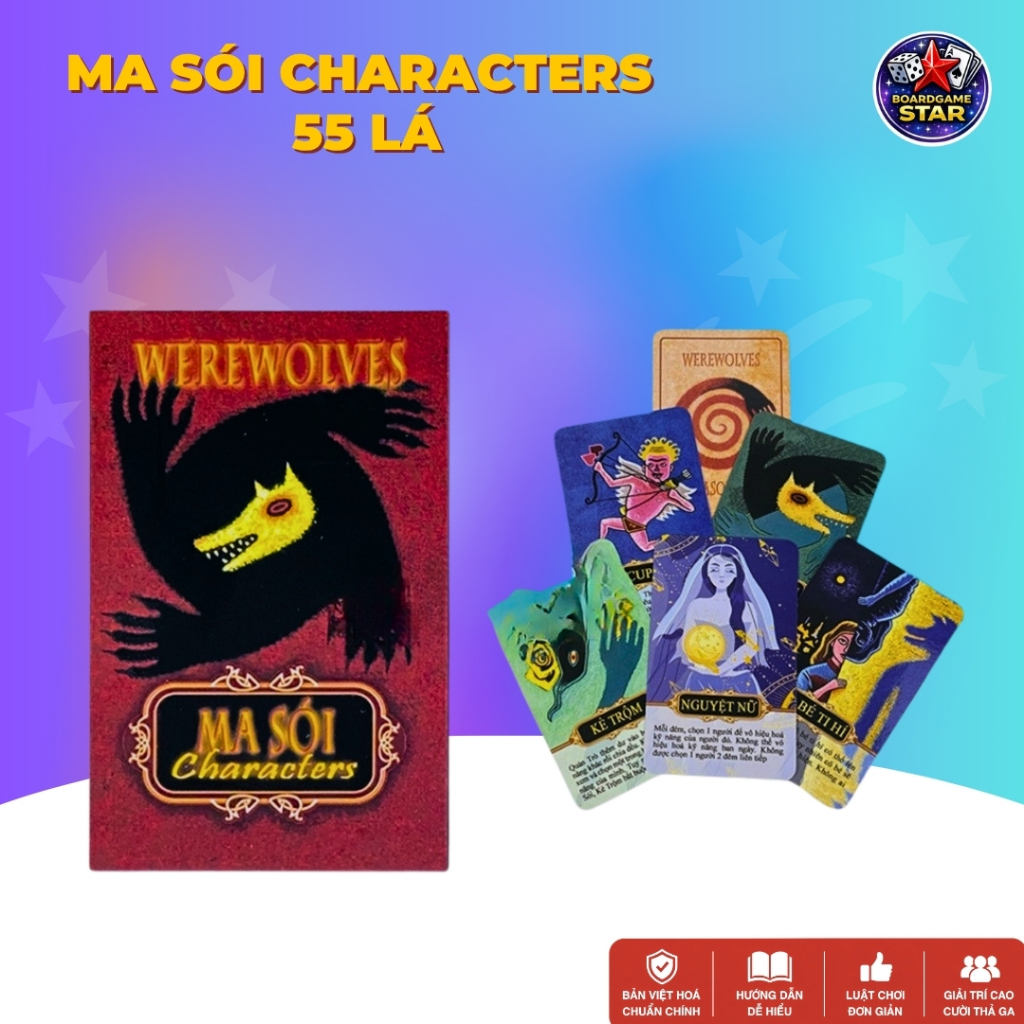 Bộ bài Ma Sói Character 55 lá giấy cứng cán màng, Boardgame Ma Sói Việt Hóa dành cho 7-20 người chơi