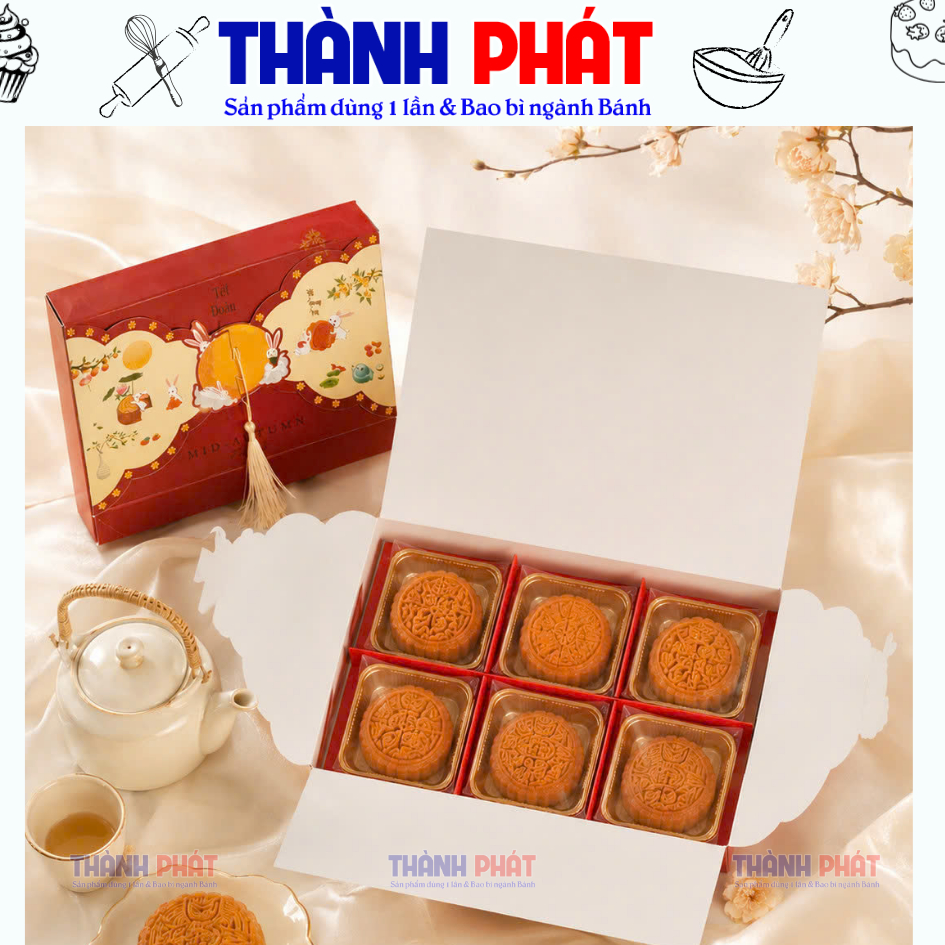 Hộp Đựng 6 Bánh Trung Thu Mini Thỏ Đỏ 75g - 100g | Hộp Quà Trung Thu Cao Cấp | Bao Bì Hộp Bánh Handm
