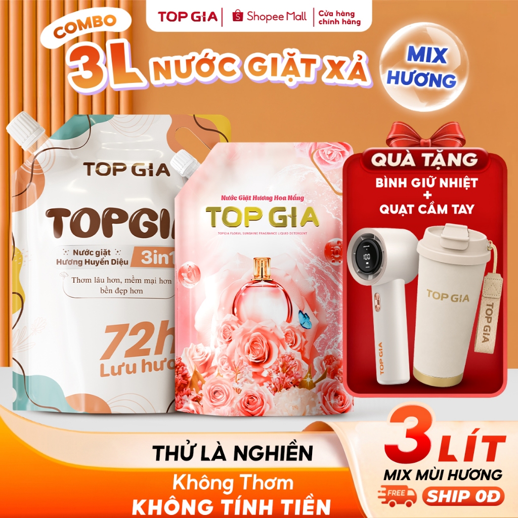 [TẶNG BÌNH & QUẠT LỚN] Combo Mix 3L Nước Giặt Xả TopGia 3in1 Hương Hoa Nắng & Huyền Diệu, Túi 2L,1L