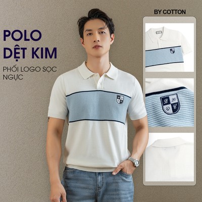 Áo Polo Nam Dệt Kim Phối Logo Sọc Ngực Trắng Xanh - Luôn Tặng Hộp Đóng - BY COTTON