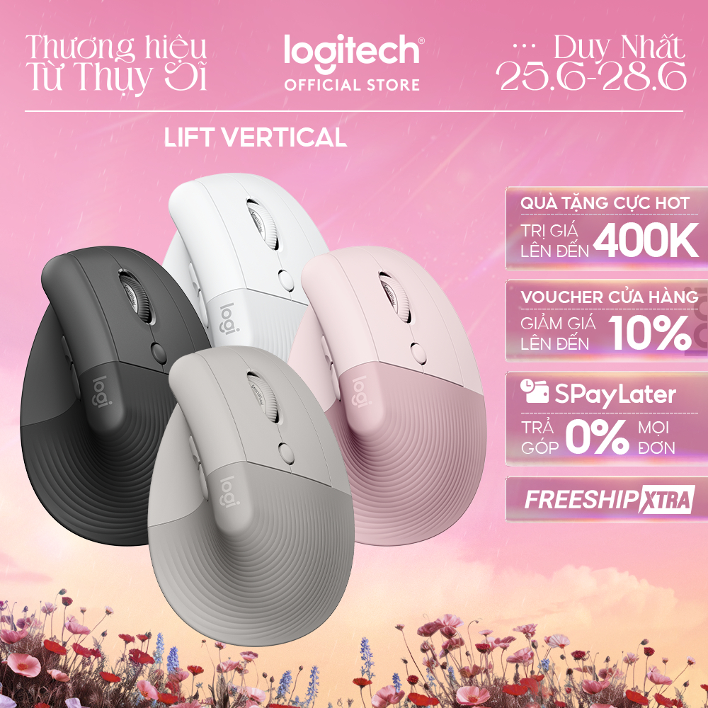 Chuột công thái học không dây Logitech Lift Vertical - Bluetooth | USB, giảm ồn, Win/ Mac